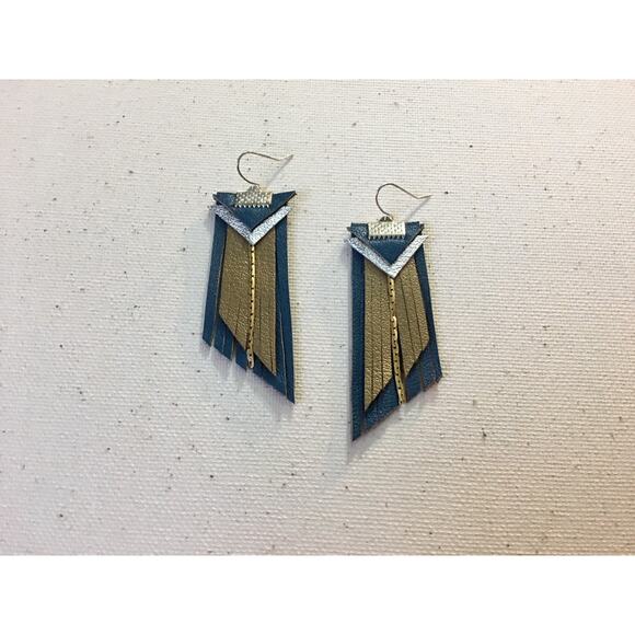 Western  Fringe Dark turquoise dark gold boho leather fringe statement earrings - Picture 9 of 10